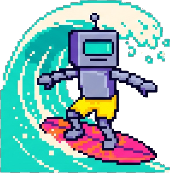 Pixel robot shredding a wave