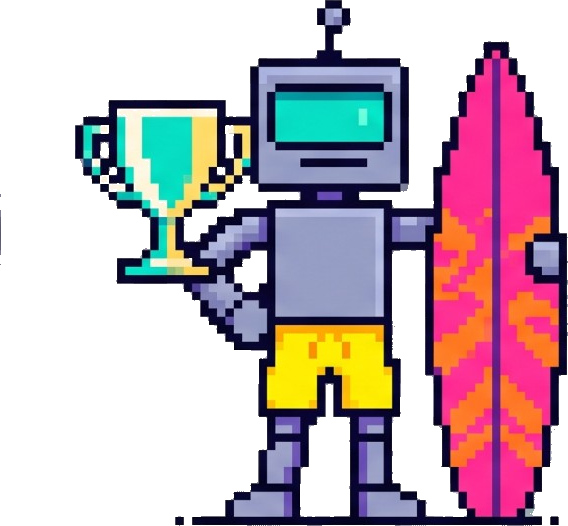 Pixel robot holding a trophy